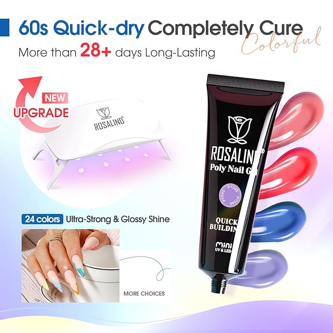 ROSALIND Poly Nail Gel Kit -24 Colors with Accessories Neon Poly Nails Gel Starter Kit with Slip Solution Mini UV Lamp Base Top Coat, Halloween All Seasons Classic Colors Poly Extension Gels Nails Kit