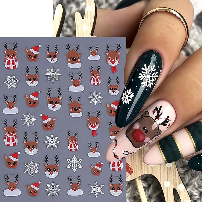 6 Sheets Christmas Glitter Elk Nail Art Stickers 3D Self-Adhesive White Snowflake Cute Reindeer Nail Design Red Pink Glitter Heart Nail Decor for Women Winter Xmas Holiday Manicure DIY Nail Supplies