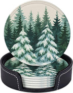 Winter Snow Scene Forest Green Christmas Tree Coasters by KiuLoam