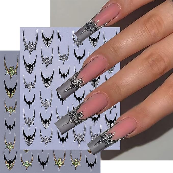 Bat Nail Stickers Halloween Glitter Nail Decals 4PCS 3D Self-Adhesive Silver Golden Bat Design Holiday Accessories Slider Halloween Nail Art Supplies for Women Nail Decorations Charms French Manicure