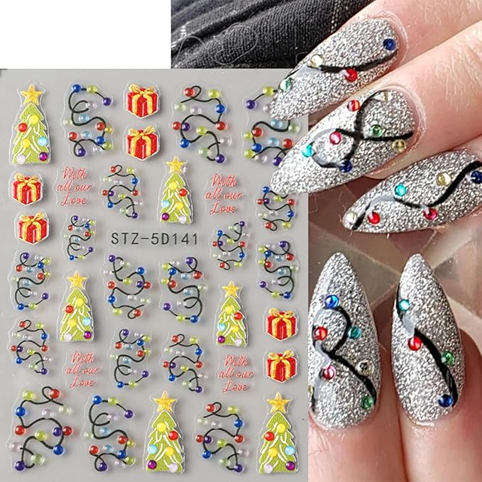 Christmas Nail Art Stickers 5D Embossed Light String Nail Decals with Xmas Tree Gifts Design Color Light Nail Stickers Acrylic Nail Supplies for Women DIY Christmas Decorations 2 Sheets