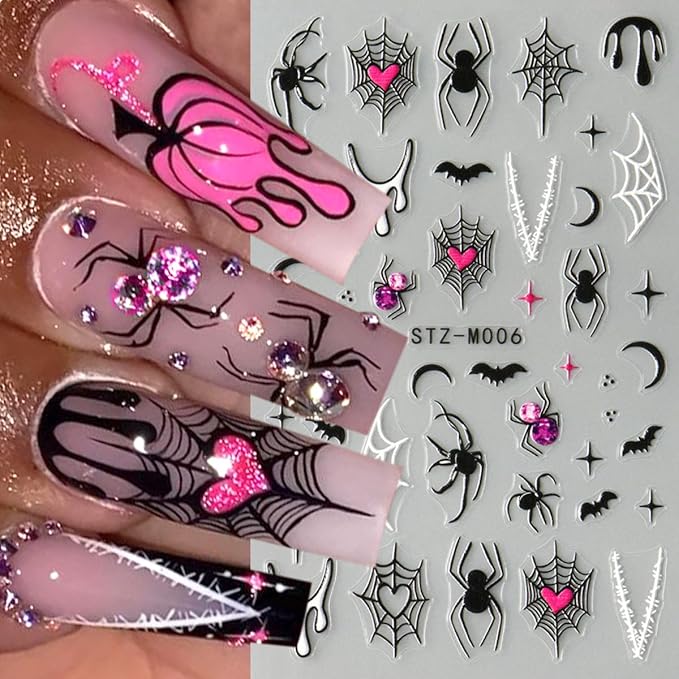 6pcs/Set Halloween Ghost 3D Nail Sticker Pink Heart Spider Web Black Stars Moon Love Spider Skull Cartoon Nail Art Stickers Designs French Manicure DIY Cute Holiday Nail Art Decoration Charms
