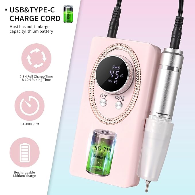 Electric Nail File for Acrylic Nail Kit, 45000RPM Electric Nail Drill Professional Manicure Pedicure Set with Nail Drill Kit Bits, Efile Cordless for Manicure