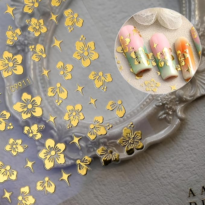 12 Sheets Gold Nail Art Stickers Decals 3D Self Adhesive Letter Heart Nail Decals,Flower Star Nail Stickers,Gold Nail Stickers for Nail Art,Nails Supplies for Women Girls