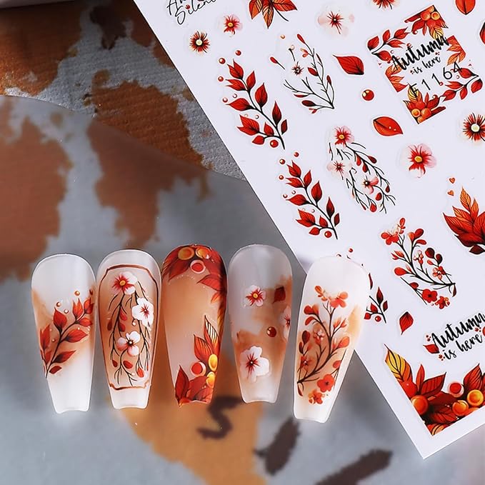 Fall Nail Art Stickers 6PCS Autumn Maple Leaf Nail Decals Fallen Leaves Elk Design 3D Self-Adhesive Nail Art Supplies Fall Leaf Deer Nail Accessories for Women Thanksgiving Day DIY Manicure Decoration