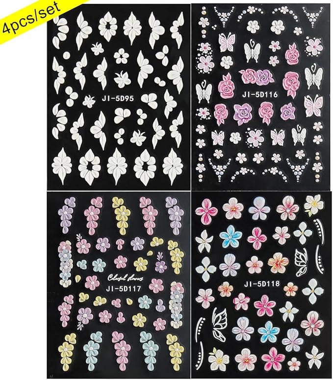 Flowers Nail Stickers 4 Sheets 5D Embossed Floral Nail Decals, Summer Neon Nail Design, 3D Acrylic Engraved Hibiscus Flowers Rose Butterfly Stickers for Nail Art Pegatinas Uñas
