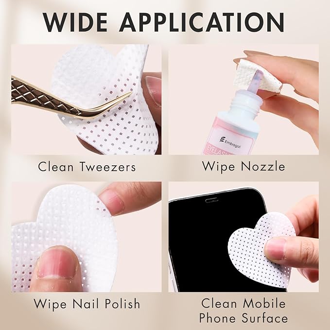 Eyelash Extension Glue Wipes 200 PCS Lint Free Nail Wipes Non-Woven Fabric Lash Glue Wipes Nail Polish Remover Wipes for Lash Extension Supplies (White)