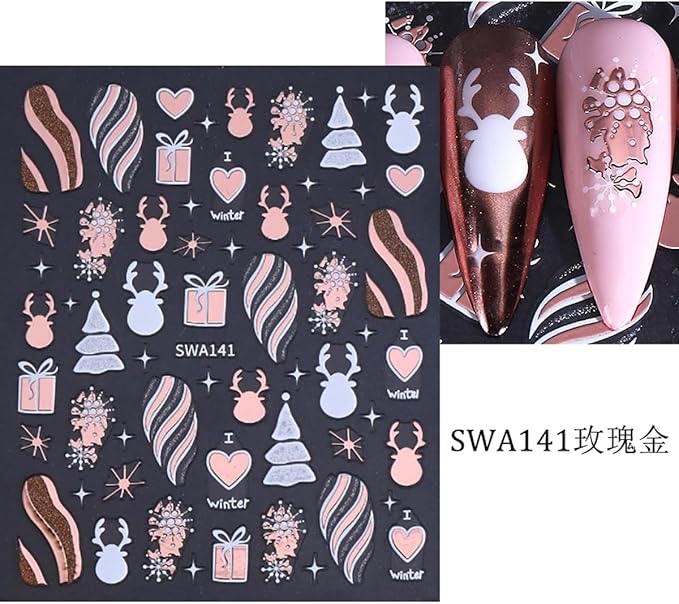 4 Sheets Christmas Nail Stickers for Nail Art WLGDLH 3D Self Adhesive Gold Pink Nail Art Stickers Snowflake Gift Nail Decals Xmas Elk Deer Nail Supplies for Women DIY Christmas Decorations