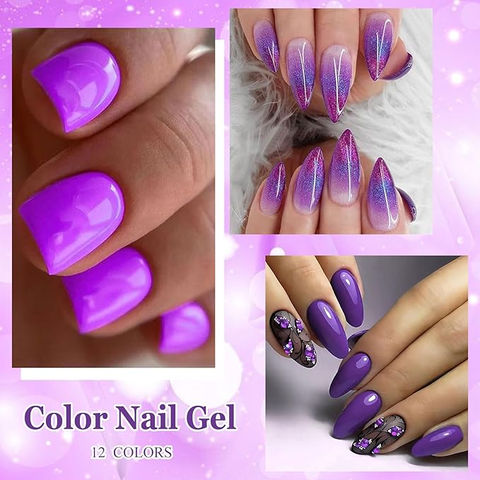 MEET ACROSS 12PCS Gel Nail Polish Set, 12 Colors Gel Nail Kit Art Design Soak Off UV LED,Nail Art Design Gifts for Women (Purple, 12PCS)