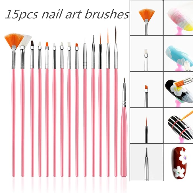 20 Pcs Nail Art Design Tools, 15 Pcs Nail Art Painting Brushes with 5 Pcs Double-end Nail Dotting Tools