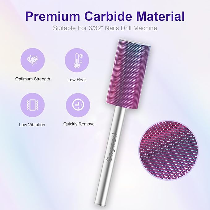 3/32" Large Barrel Bit Tungsten Carbide Nail Drill Bit Safety Bit for Gel & Acrylic Removal, 2- Way Rotating Efile Tip, Salon Electric File Accessory (XXF Girt, Purple)