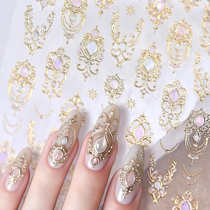 5D Embossed Gold Nail Stickers for Nail Art Gemstone Nail Art Stickers Vintage Gold Nail Decals Self Adhesive Nail Design Manicure Supplies Charm for Women Girls Nails Decorations