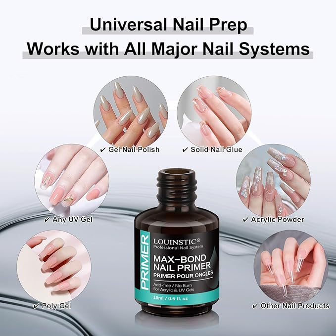 LOUINSTIC Acid-Free Nail Primer 15ml - Hema-Free Nail Prep for UV Gel, Builder Gel, Gel Polish & Acrylic Nails - No-Burn & No-Lift - Quick Air Dry, Low-Odor, Low-Irritant, Salon & Home Use