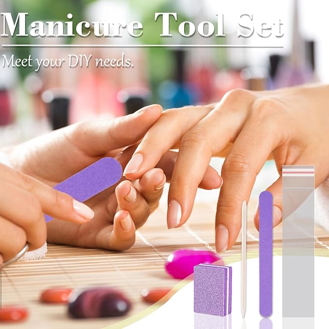 50 Set Disposable Manicure Kit, Including 50pcs Mini Nail Buffer, 50pcs Nail File, 50pcs Wood Stick, 50pcs OPP Bag, Press on Nail Tool Kit for Salon Home (Purple)