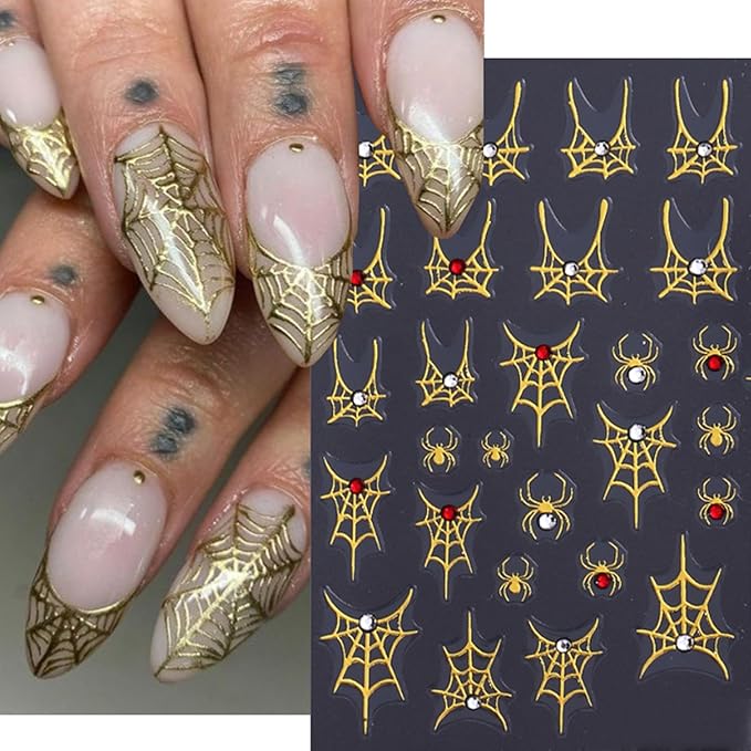 5 Sheets Halloween Gold Nails Stickers Spider Wed Nails Art Stickers 3D Self-Adhesive Supplies Nail Decal with Rhinestones Bow Heart Design Nails Sticker for Nail Art Women's DIY Decoration