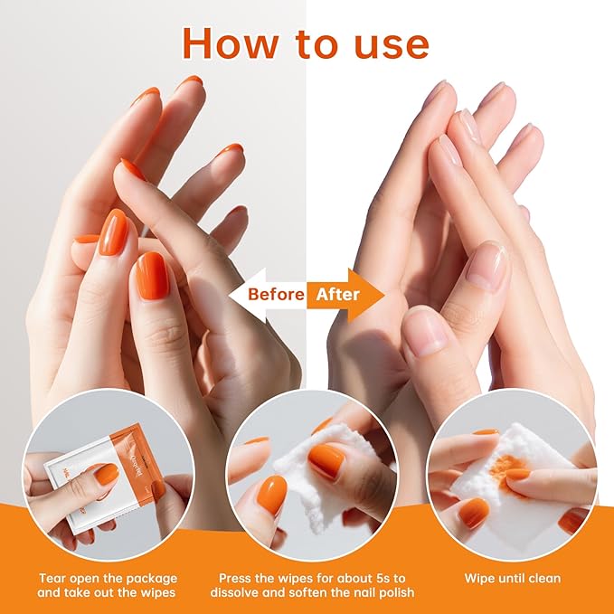 Nail Polish Remover Pads - Non Acetone, Big Size 60Pcs Quick Nail Polish Remover Wipes, Polish Remover Pads Professional Individually Wrapped Wet Wipes for Home Professional Salon Supplies