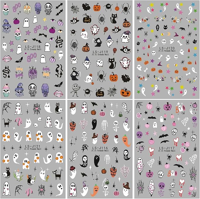 Halloween Nail Decals Self-Adhesive 3D Skull Bat Ghost Spider Design Cute Girls Nail Art Decoration 6PCS