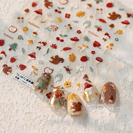 Fall Nail Art Stickers 5D Embossed Mushroom Squirrel Nail Decals 1PCS Autumn Leaves Strawberry Pinecone Autumn Nails Design Engraved Fall Stickers for Thanksgiving Day DIY Manicure Nail Art Decoration