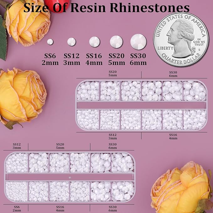 Resin Rhinestones for Crafting, 2 Boxes White Flatback Crystals for Bedazzling Crafts DIY Nail Art Decoration, Non Hotfix Bulk Gems for Tumbler Shoes Clothing Fabric Face Makeup