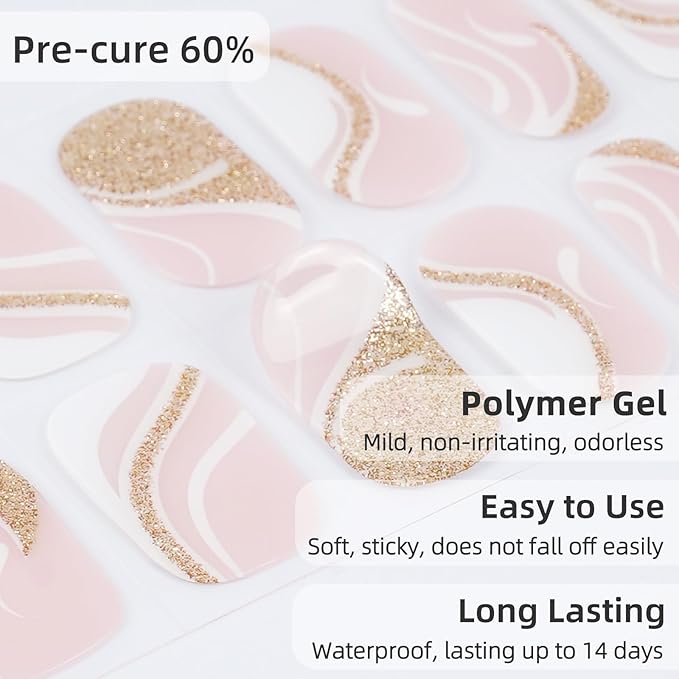 Semi Cured Gel Nail Strips | 28 pcs Gel Nails Strips Work with Any UV Lamps, Long Lasting UV Nail Stickers for Women DIY Nails Wraps(Gold Rivers)