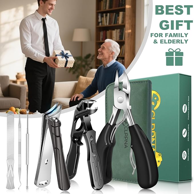 Toenail Clippers for Seniors Thick Toenails, CLPPNA Angled Head Large Toe Nail Clippers Set for Men, Heavy Duty 45° Ingrown Toenail Clippers, 37mm Wide Opening Nail Cutter with Long Handle, 6PCS