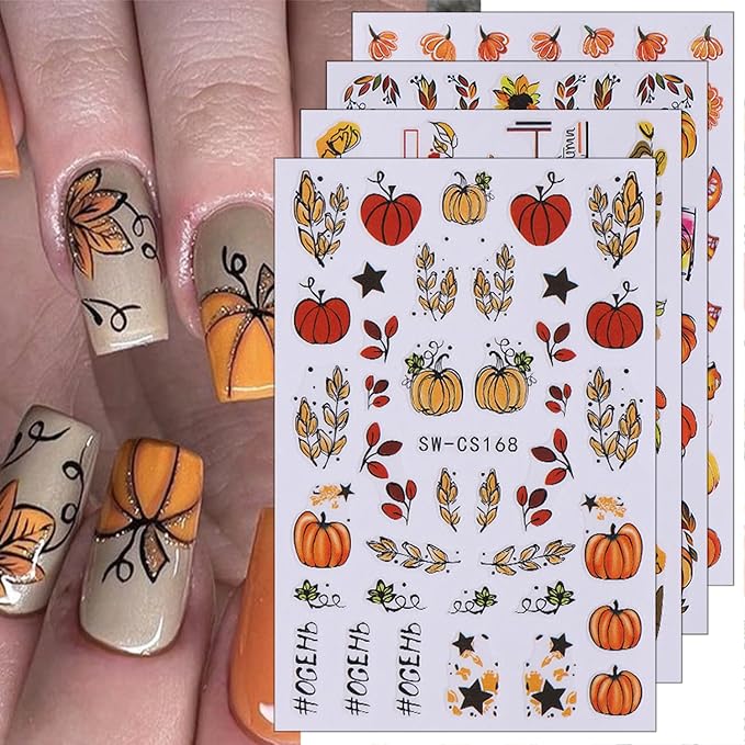 8 Sheets Pumpkin Nail Decals for Thanksgiving Art Stickers - Autumn Fruit Flower Leaf 3D Self-Adhesive Fall Decoration Supplies for Women Girls