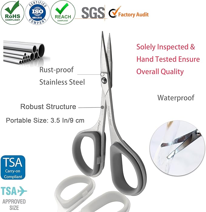 PAFASON Premium Straight & Curved Manicure Scissors Multi-Functional Stainless Steel Cuticle Pedicure Beauty Grooming Kit for Eyebrow, Eyelash, Dry Skin