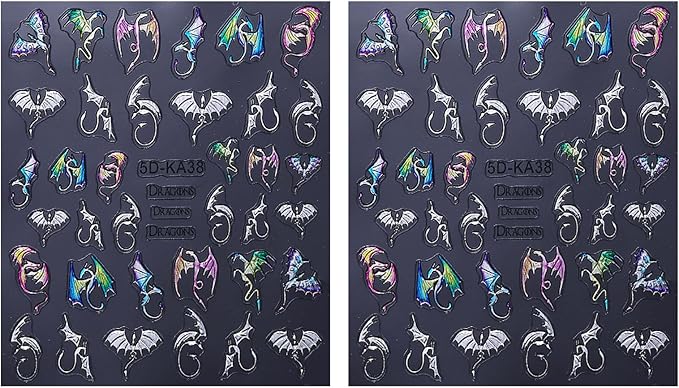 Halloween Bat Nail Art Stickers 5D Embossed Colorful Silver Bats Dragon Nail Decals Self-Adhesive Laser Gothic Dragons Nail Designs Manicure Sliders Halloween Nail Supplies for Women Nail Decor, 2PCS
