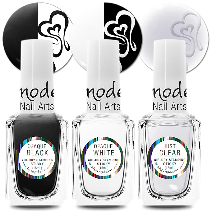 SheModern STICKY BLACK + WHITE + CLEAR Stamping Polishes (Set 1) For Nail Art Design Air-Dry Collection. More Transfer Time with Tacky Surface for Easy Adhere of Pigment, Glitter