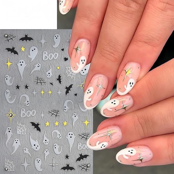 6 Sheets Halloween Nail Art Stickers Spider Nail Decals 3D Self-Adhesive Glitter Crystal Diamond Spider Nail Art Design Sticker Spider Bat Spider Web Ghost Nail Charms for Holiday DIY Nail Art