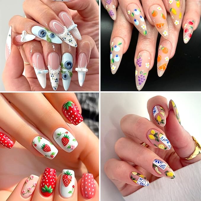 5Sheets Fruit Nail Art Stickers 3D Bohemia Fruit Design Nail Decals Self-Adhesive Flower Pattern Totem Lemon Nail Sticker Summer Strawberry Blueberry Nail Decal for Women DIY Nails Decoration Supplies