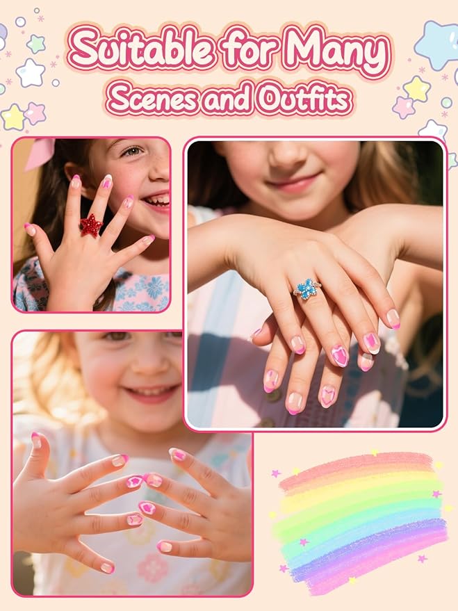 EBANKU 26 Pcs Press on Nails for Kids, Pink Heart Fake Nails for Girls 5-12 Years False Nails Kit with Nail Glue, Short Full Cover Press on Nails Tip for Child