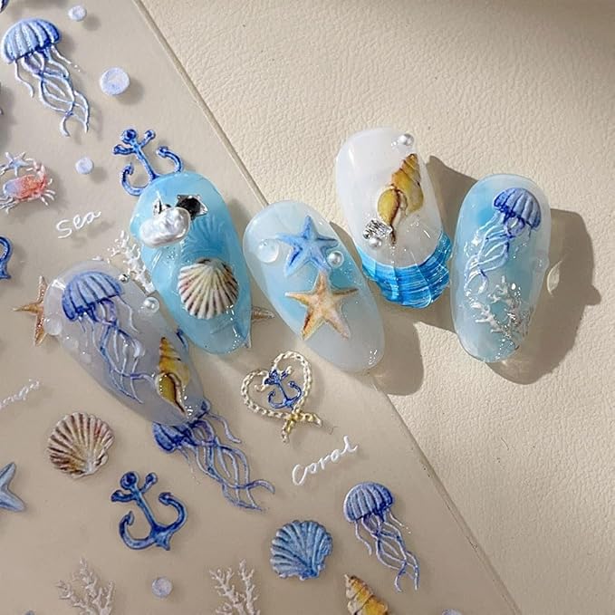 4 Sheets Ocean Life Nail Art Stickers, 5D Embossed Self-Adhesive Starfish and Shell Nail Stickers Summer Sea Theme Design for Women Girls DIY Nail Salons Manicure Decoration