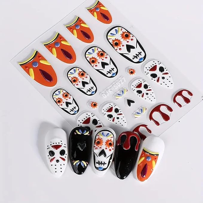6 Sheets Halloween Nail Art Stickers Decals Pink Skull Spider Web Sugar Skull Nail Decoration 3D Self-Adhesive Nightmare Christmas Stickers for Women Girls