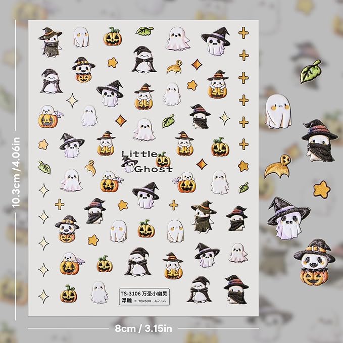 Halloween Nail Stickers for Nail Art - Cute Ghost Nail Art Sticker Halloween 5D Embossed Nail Decals Self-Adhesive Nails Supply Manicure Stickers for Nails Decoration（Little Ghost）