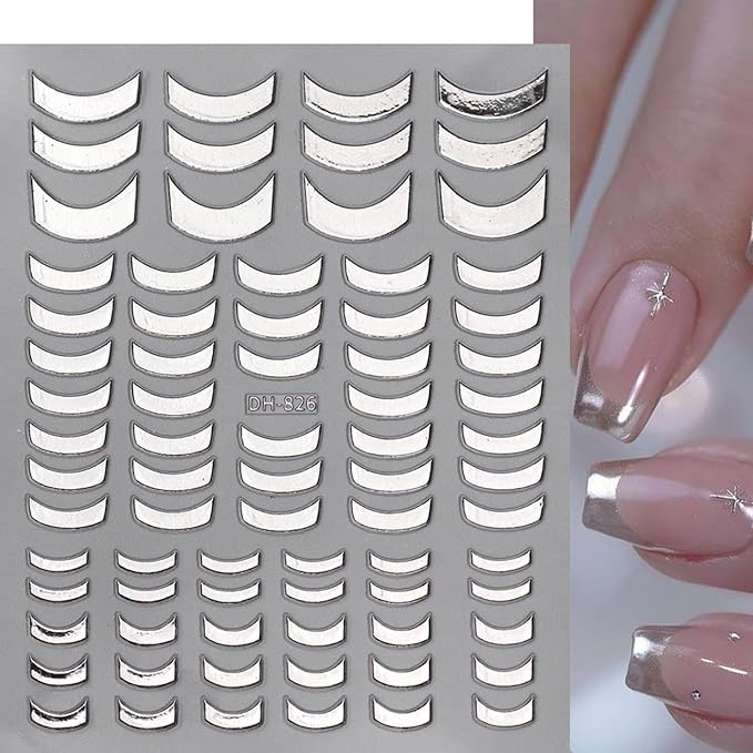 French Line Nail Art Stickers Decals, 4Pcs Gold Silver French Nail Decals 3D Metal Curve Stripe Wave Lines Nail Design French Nail Supplies for Nails Adhesive Sticker Slider DIY Manicure Accessories