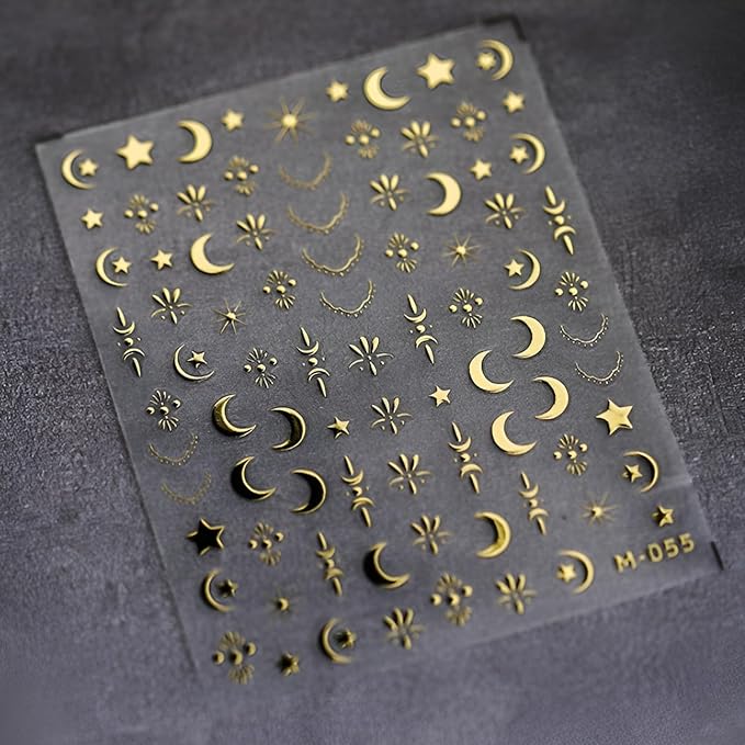 Silver Gold Nail Stickers for Nail Art 3D Self Adhesive Moon Star Nail Art Stickers Silver Moon Star Nail Decals Gold Nail Supplies for Women Girls 2Sheets