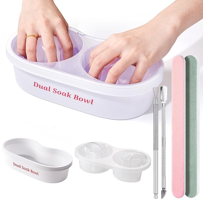 Dual Nail Soaking Bowl Acetone Proof: Nail Polish Acrylic Nail Remover Soak Off Bowl- Dip Powder Remover Manicure Bowl for Salon Home Use (D1-White)