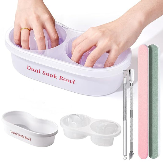 Dual Nail Soaking Bowl Acetone Proof: Nail Polish Acrylic Nail Remover Soak Off Bowl- Dip Powder Remover Manicure Bowl for Salon Home Use (D1-White)