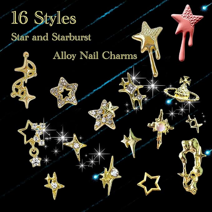 124PCS Star 3D Nail Charms for Acrylic Nails, Gold Alloy Nail Gems Starburst Nail Accessories, Nail Rhinestones for Nail Art Supplies Manicure Craft DIY