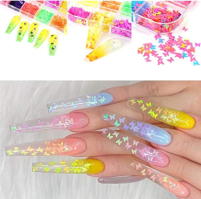 12 Colors 3D Butterfly Nail Sequins Luminous Butterflies Nail Art Design Holographic Butterflies Shape Flakes for Nail Decorations Sparkle Colorful Confetti Glitters Sheets Nails Art Accessories