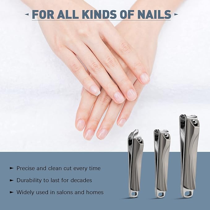 BEZOX Nail Clipper, 3PCS Set Fingernail Clippers – 2 Curved Blades and 1 Slant Cutting Edge Toenail Cutter Nail Trimmer