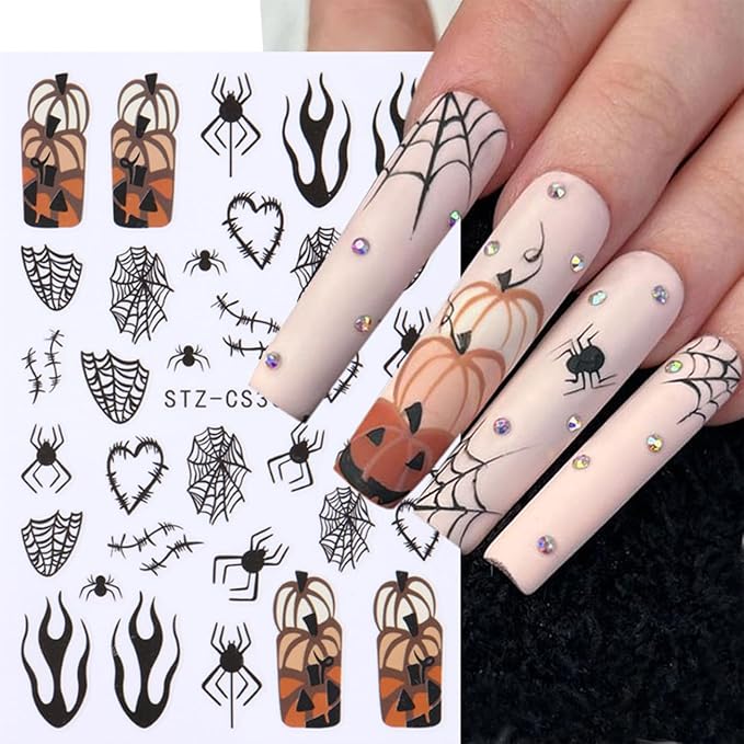 6Sheets Halloween Ghost Nail Stickers for Nail Art Set - 3D Skull Spider Heart Pumpkin Flame Star Cartoon Cute Designs Nail Decals Foil Transfer Sliders Holiday Party Halloween Manicure Decorations