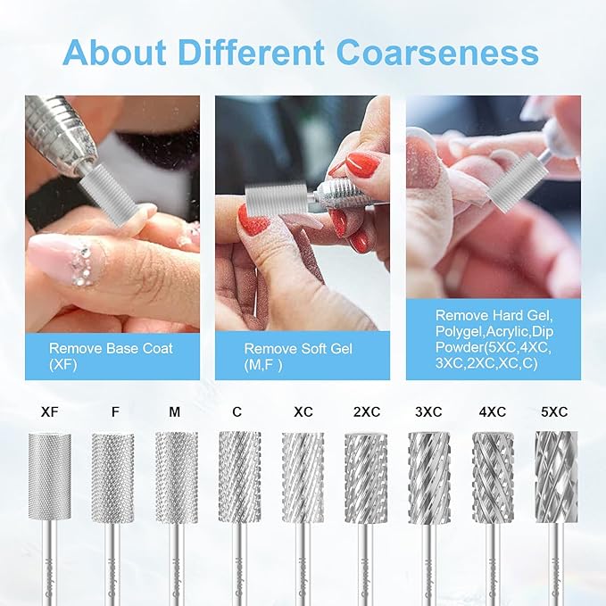 3/32" Large Barrel Bit Tungsten Carbide Nail Drill Bit Safety Bit for Gel & Acrylic Removal, 2- Way Rotating Efile Tip, Salon Electric File Accessory (M Girt, Silver)