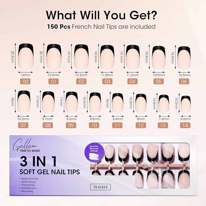 Gellen French Tip Press on Nails, Soft Medium Square French Gel Nails 150 Pcs, Classic Pink French Tip Nails, 3 in 1 No Need to File Natural Full Cover Tips 15 Sizes, Glue On Nails for Women Nails Art