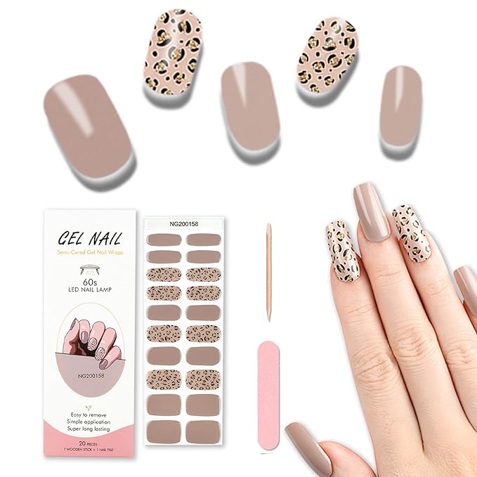 20pcs Semi Cured Gel Nail Strips, Real Nail Polish Art Stickers, Leopard Brown Gel Nail Stickers - Work with Any UV Lamp, Long Lasting Full Wraps with Nails File and Stick