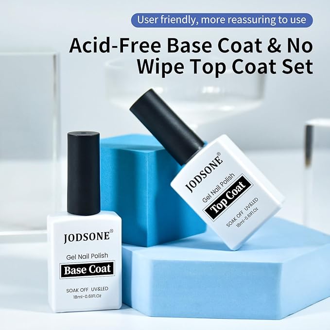 JODSONE 2 Bottles 18ml Top Coat Base Coat Gel Polish Set Compatible for Nail Salon Bright Surface, Girl Gift and At Home DIY Need U V Lamp Curing
