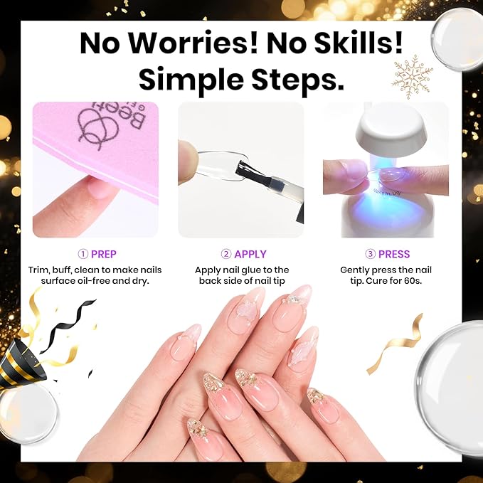 Beetles 9 in 1 Gel Nail Glue for Acrylic Nails Tips, 2 Pcs 10ml Super Strong Nail Glue for Clear False Nails Tips Base Coat Rhinestones Blooming Art Christmas Nails Long Lasting U V Light Cure