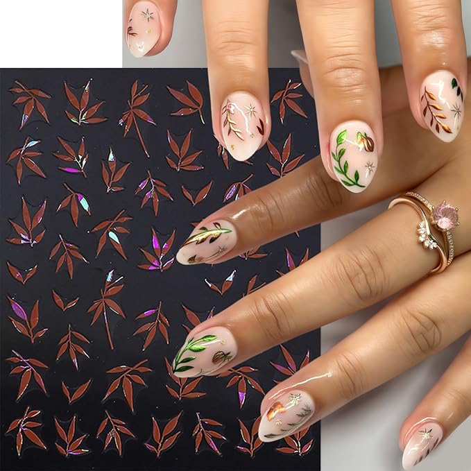 5 Sheets Fall Leaves Nail Art Stickers 3D Self-Adhesive Gold Silver Blue Green Leaf Autumn Leaves Nail Stickers Fall Orange Leaf Design Thanksgiving Day Nails Supplies for Women Manicure Decoration