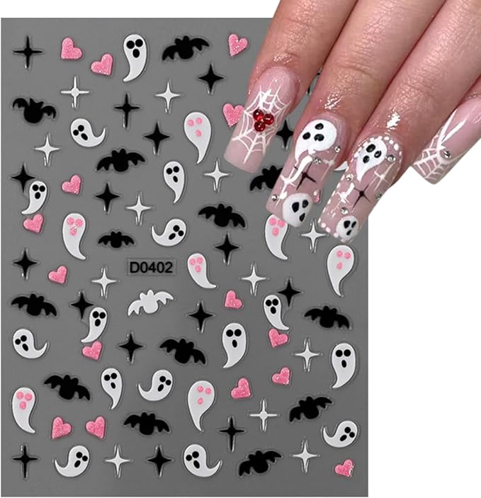 6 Sheets Halloween Nail Art Stickers Cute Ghost Bats Spiders Flame Pink Glitter French Nails Stickers Spiders Web Love Heart Design Nail Art Decals for Women Girls DIY Halloween Nails Decoration